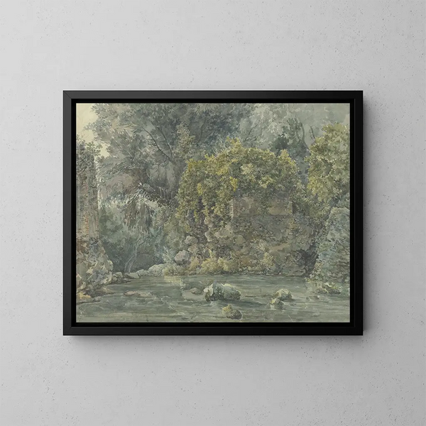 paesaggio boscoso con rovina sul bordo di un ruscello - Jakob Philipp Hackert — quadro incorniciato alla parete