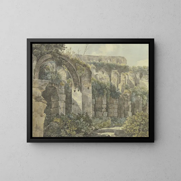 Rovine romane con un grande arco e muri alti invasi dalle piante - Jakob Philipp Hackert — quadro incorniciato alla parete