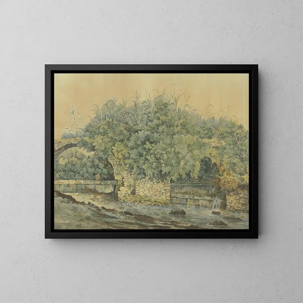 Ponte in pietra in rovina su un ruscello invaso da cespugli e piante - Jakob Philipp Hackert — quadro incorniciato alla parete