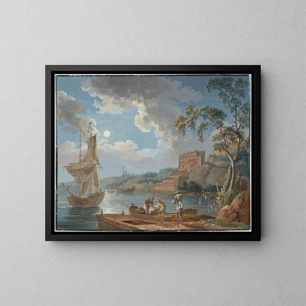 Vista della ceramica di Marieberg vicino a Stoccolma con barche e pescatori - Jakob Philipp Hackert — quadro incorniciato alla parete
