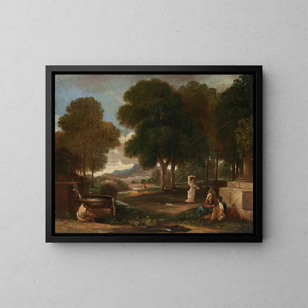 Landschaft mit einem Mann, der sich an einem Brunnen die Füße wäscht - James Barry — gerahmtes Bild an der Wand