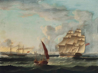 James Edward Buttersworth - Frigate Approaching The Mouth Of The Tagus With A Paddle Steamer Passing The Belem Tower Lisbon.webp