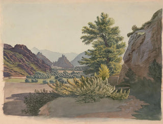 James Fuller Queen - Western scene with buttes and possibly a pueblo community in the distance as seen from a ravine with a cottonwood tree.webp