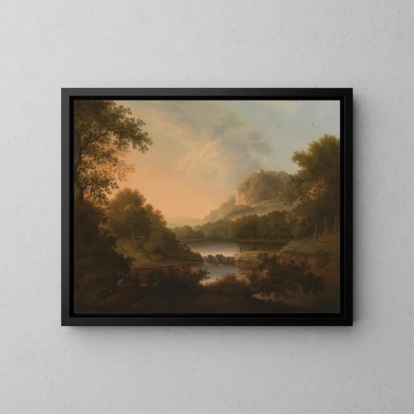 Figuren mit einem Esel und einem Hund, die einen Überlauf passieren - James Lambert de Lewes — gerahmtes Bild an der Wand