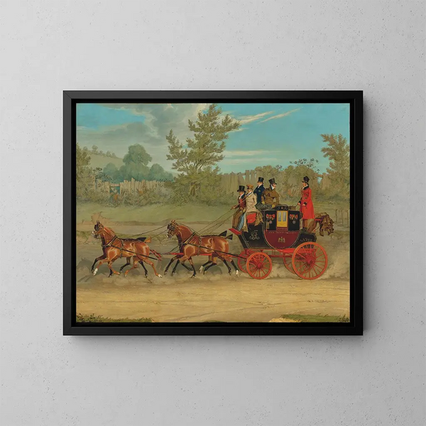 Der königliche Postkutschenwagen London-Edinburgh in vollem Tempo an einem Sommertag - James Pollard — gerahmtes Bild an der Wand