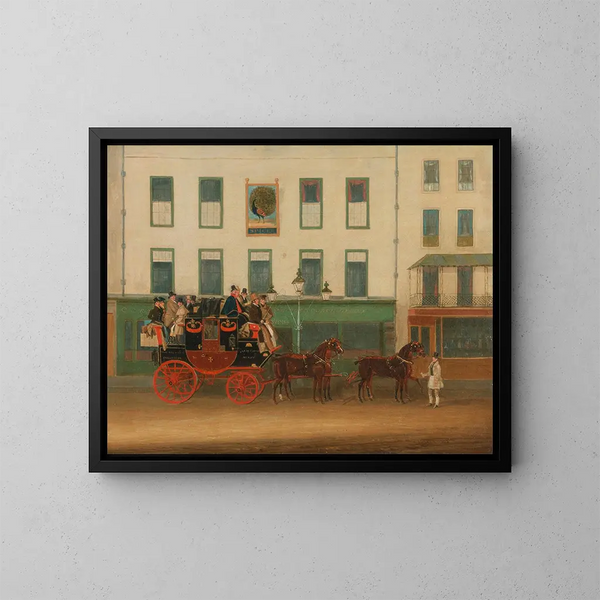 Das Londoner Kutschenbild in Manchester, der Peveril of the Peak, vor der Peacock-Gaststätte in Islington - James Pollard — gerahmtes Bild an der Wand