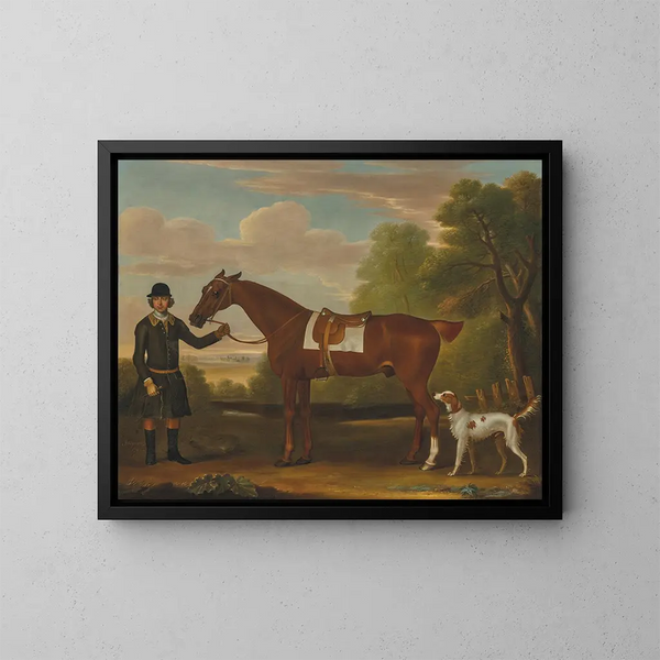 Lord Portmore und ein rotbrauner Jagdpferd, das von einem Stallburschen gehalten wird, mit einem English Setter in einer Landschaft - James Seymour — gerahmtes Bild an der Wand