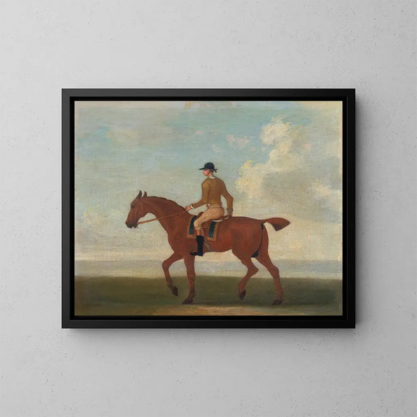 Eines der vier Porträts von Pferden, ein roter Rennpferd mit Jockey, der nach links geht - James Seymour — gerahmtes Bild an der Wand