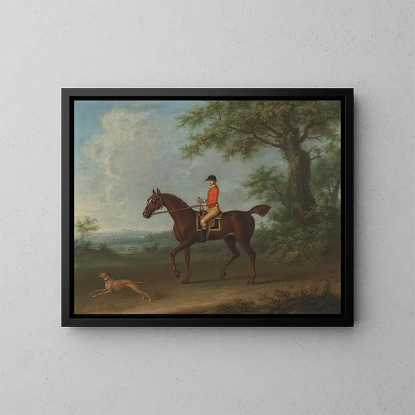 Sedbury mit einem Jockey und einem Windhund in einer weiten bewaldeten Landschaft mit zwei Landhäusern im Hintergrund - James Seymour — gerahmtes Bild an der Wand