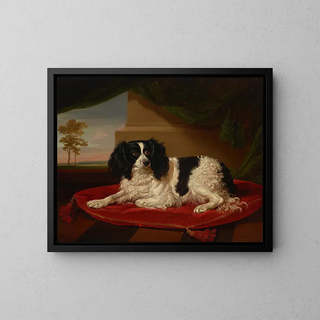 James Ward - A King Charles Spaniel on a red cushion.webp