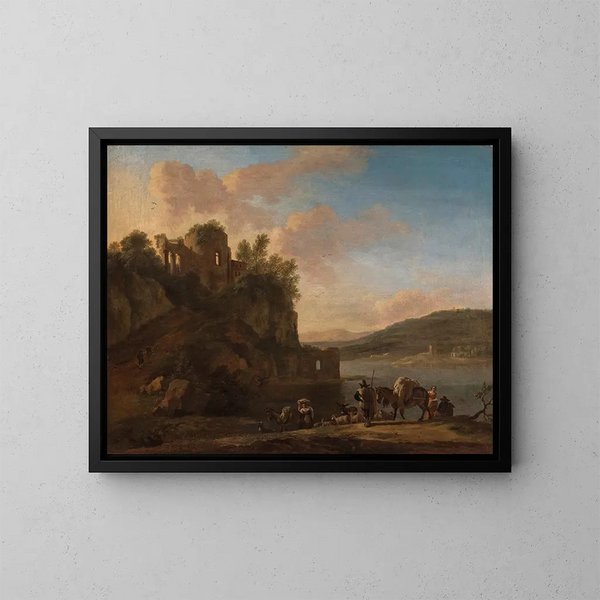 Ein italienisches Flusslandschaft mit Hirten auf einem Weg mit ihrem Herde und Eseln - Jan Asselijn — gerahmtes Bild an der Wand
