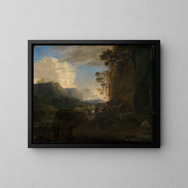 Tal mit bergigem Felsen, Bach und Hirtengruppe - Jan Asselijn — gerahmtes Bild an der Wand