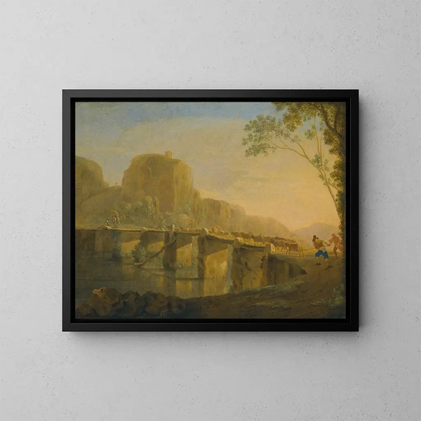 Landschaft mit Hirten und ihrer Herde, die die Ponte Acquoria bei Tivoli überquert - Jan Asselijn — gerahmtes Bild an der Wand