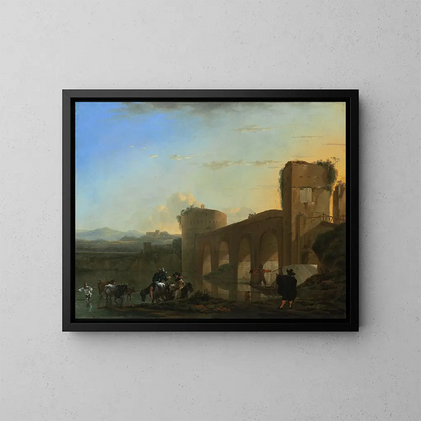 Il fiume Tevere con il ponte Milvio al tramonto - Jan Asselijn — quadro incorniciato alla parete