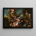 Eine Steingefäß auf Stufen mit Blumen und Früchten neben einem Delfin-förmigen Brunnen in einer weiten Landschaft - Jan Baptist Bosschaert — gerahmtes Bild an der Wand