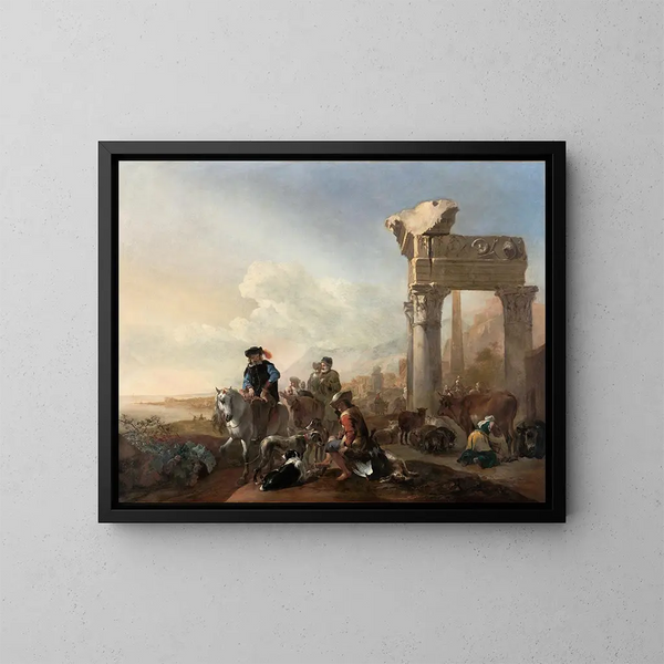 Jäger in der Nähe der Ruinen - Jan Baptist Weenix — gerahmtes Bild an der Wand