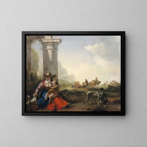 Landschaft italienischer Bauern unter Ruinen - Jan Baptist Weenix — gerahmtes Bild an der Wand