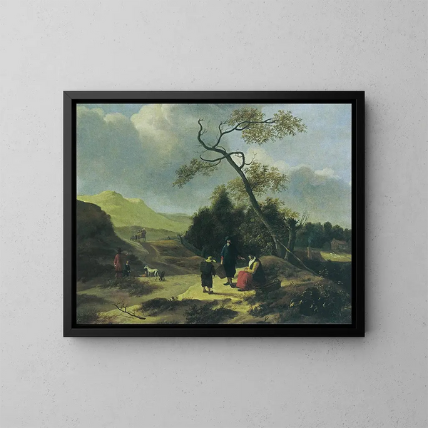 Landschaft mit Jägern und Reisenden in Ruhe - Jan Baptist Wolfaerts — gerahmtes Bild an der Wand