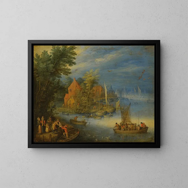 Una città sulle rive di un ampio fiume con un traghetto pesantemente carico che si avvicina alla riva in primo piano - Jan Brueghel il Giovane — quadro incorniciato alla parete