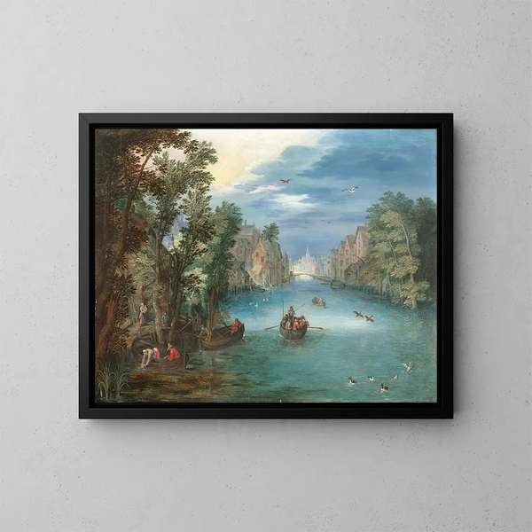 Paesaggio fluviale animato di personaggi - Jan Brueghel il Giovane — quadro incorniciato alla parete