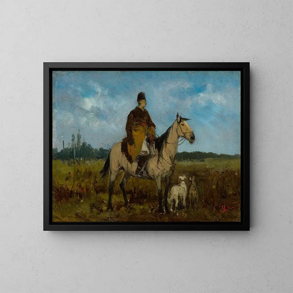 Cavalier à cheval avec des lévriers - Jan Chełmiński — gerahmtes Bild an der Wand