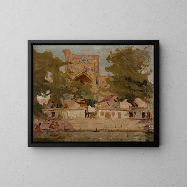 Moschee alte von Bukhara am Seeufer - Jan Cybis — gerahmtes Bild an der Wand