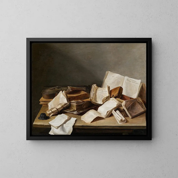 Naturmorte mit Büchern und Violine - Jan Davidsz de Heem — gerahmtes Bild an der Wand