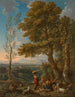 Un paesaggio italiano classico con un pastore e il suo gregge di montagna oltre - Jan Frans van Bloemen — vista dell’opera