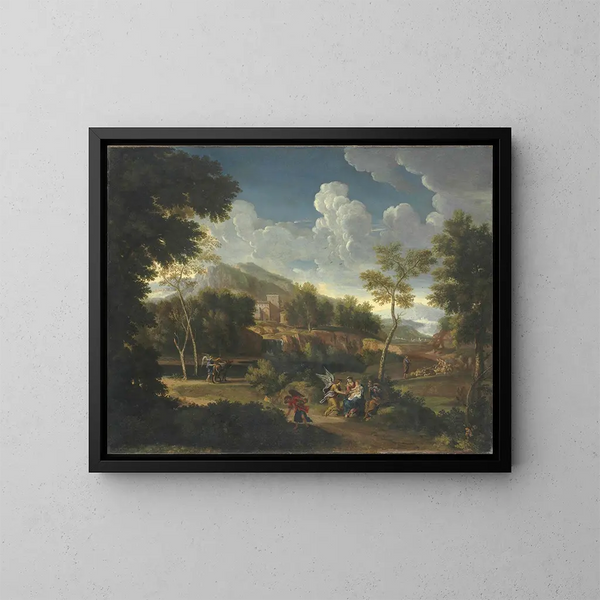 Un vasto paesaggio con il riposo durante la fuga in Egitto - Jan Frans van Bloemen — quadro incorniciato alla parete