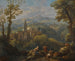 Landschaft kursiv mit drei Figuren im Vordergrund, aufgeständerte Dörfer und eine Kirche in der Ferne - Jan Frans van Bloemen — Ansicht des Kunstwerks