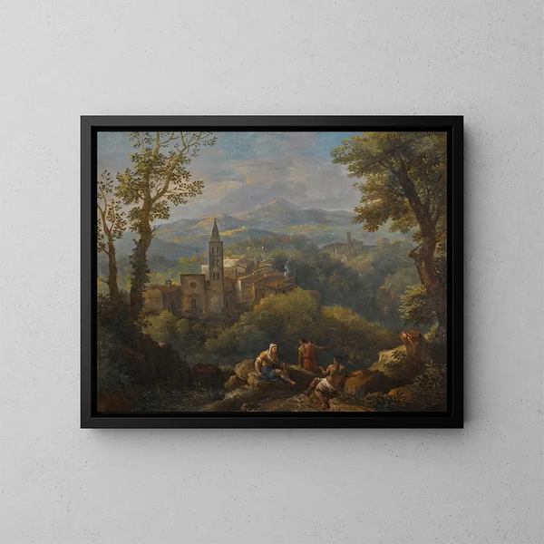 Paesaggio corsivo con tre figure in primo piano, villaggi arroccati e una chiesa in lontananza - Jan Frans van Bloemen — quadro incorniciato alla parete