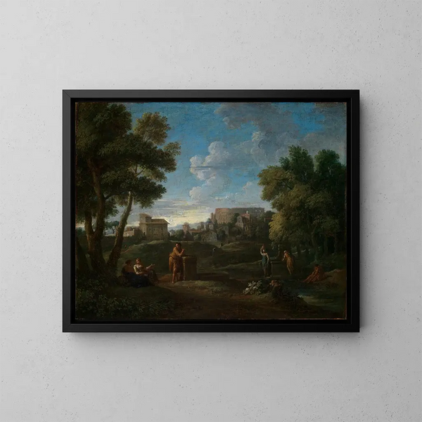 Paesaggio classico vicino a Roma con vista del Palatino sul Colosseo - Jan Frans van Bloemen — quadro incorniciato alla parete