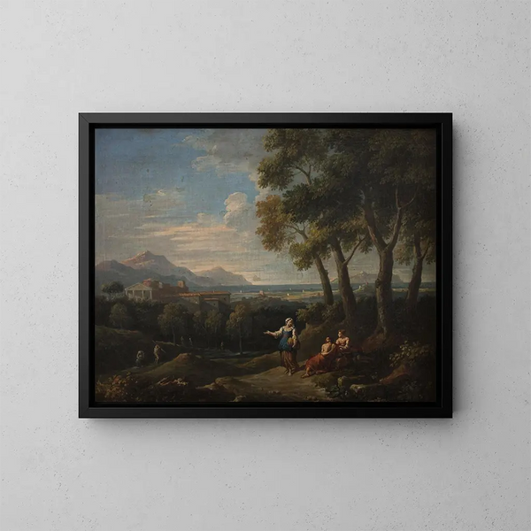 Paesaggio con una scena di genere - Jan Frans van Bloemen — quadro incorniciato alla parete
