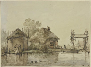 Jan Hulswit - An einem Kanal ein Haus mit Scheune und eine Schleuse mit zwei Rdern.webp