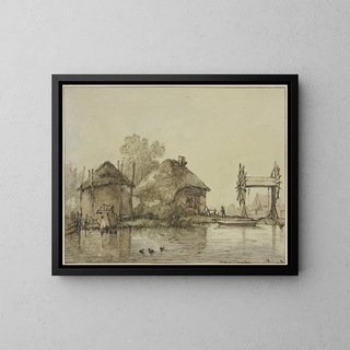 Jan Hulswit - An einem Kanal ein Haus mit Scheune und eine Schleuse mit zwei Rdern.webp