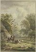 Two cows and three sheep grazing near a cabin - Jan Hulswit — artwork view