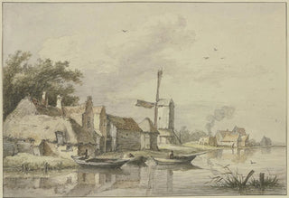 Jan Hulswit - Dorf mit einer Windmhle am Wasser.webp