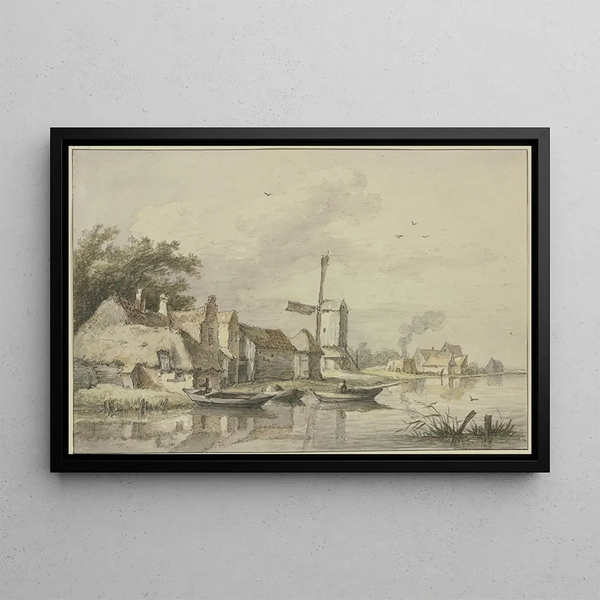 Jan Hulswit - Dorf mit einer Windmhle am Wasser.webp
