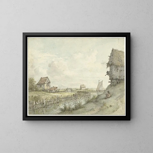 Paesaggio fluviale con un disegnatore che schizza tra le capanne - Jan Hulswit — quadro incorniciato alla parete