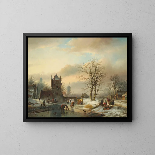 Eisläufer auf einem gefrorenen Fluss - Jan Jacob Spohler — gerahmtes Bild an der Wand