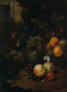 von Früchten in einem Weidenkorb mit einer Schnecke, einer Libelle und einer Maus auf einem Felsen, eine Landschaft im Hintergrund - Jan Mortel — Ansicht des Kunstwerks