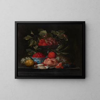 Jan Pauwel Gillemans the Elder - Wild strawberries in a Kraak porcelain bowl with oranges peaches lemons a bread roll and oysters on a stone ledge.webp