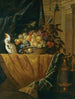 Natur stillleben mit einem Obstkorb und einem Wellensittich auf einem Drapiertem Damast neben einer Vase aus Porphyr, montiert in vergoldetem Bronze - Jan Pauwel Gillemans der Jüngere — Ansicht des Kunstwerks