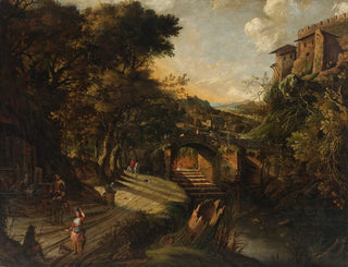 Jan Siberechts - An Italianate river landscape with figures along a path and buildings beyond.webp