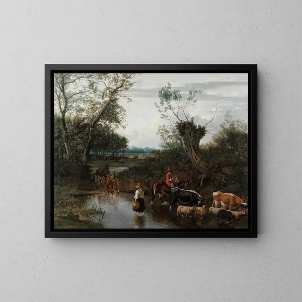 der Bauern, die einen Bach überqueren - Jan Siberechts — gerahmtes Bild an der Wand