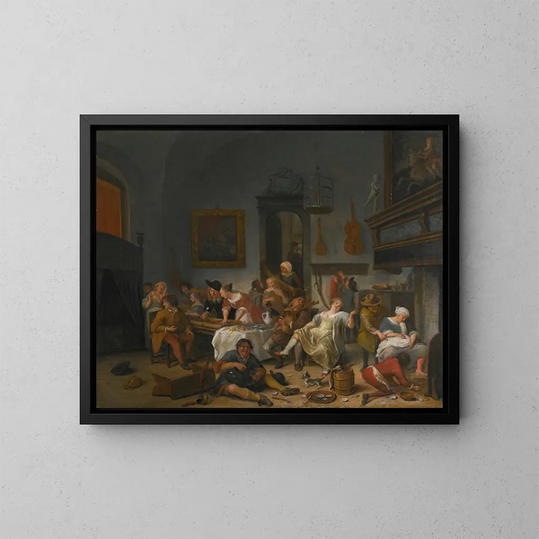 Innere einer Taverne mit Menschen, die trinken und Musik machen - Jan Steen — gerahmtes Bild an der Wand