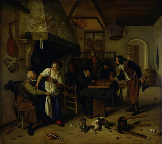 Jan Steen - Interior of an inn with an old man amusing himself with the landlady and two men playing backgammon known as Two kinds of games.webp