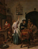Innenbild mit einer Frau, die einen Papagei füttert, bekannt als Die Papageienvoliere - Jan Steen — Ansicht des Kunstwerks