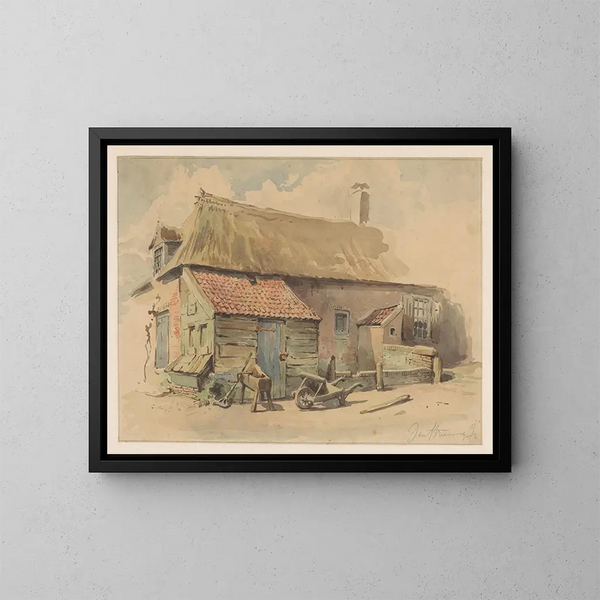 Casa di contadino con una struttura in legno, una carriola e un mulino - Jan Striening — quadro incorniciato alla parete