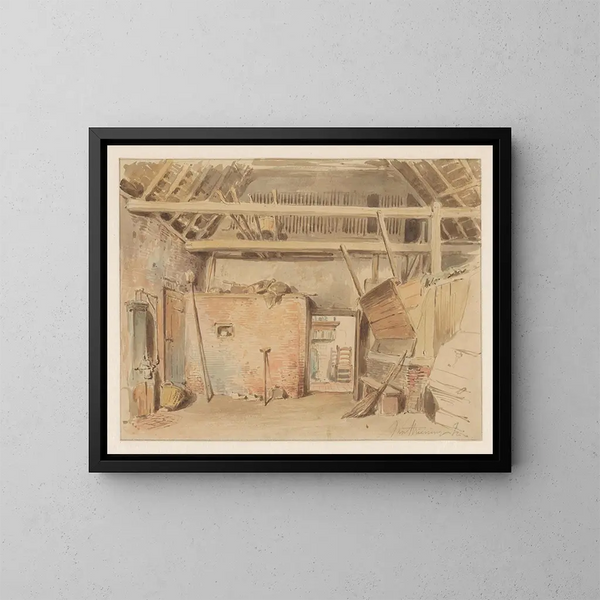 Interno di una stalla con vista sulla cucina - Jan Striening — quadro incorniciato alla parete